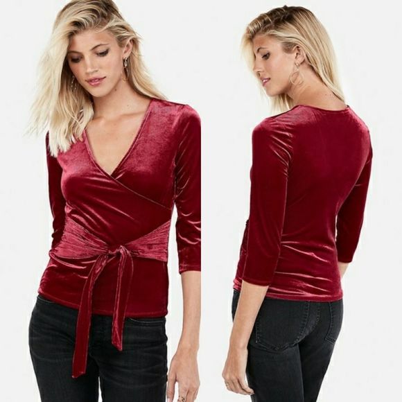 Express Tops - EXPRESS Red Velvet Ribbed Knot Front Stretch Wrap Blouse Size Medium NWT